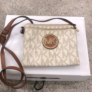 Michael Kors Logo white shoulder bag with brown leather strap